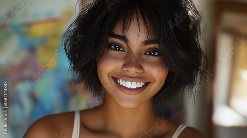Indoor portrait of beautiful brunette young dark-skinned woman with shaggy hairstyle smiling cheerfully, showing her white teeth to camera while feeling happy and carefree on her first day-off