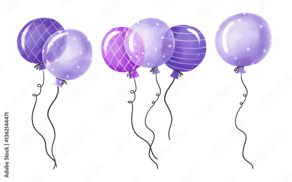 Fototapeta premium Set of helium air balloon. Blue round balloons on strings. Watercolor birthday set