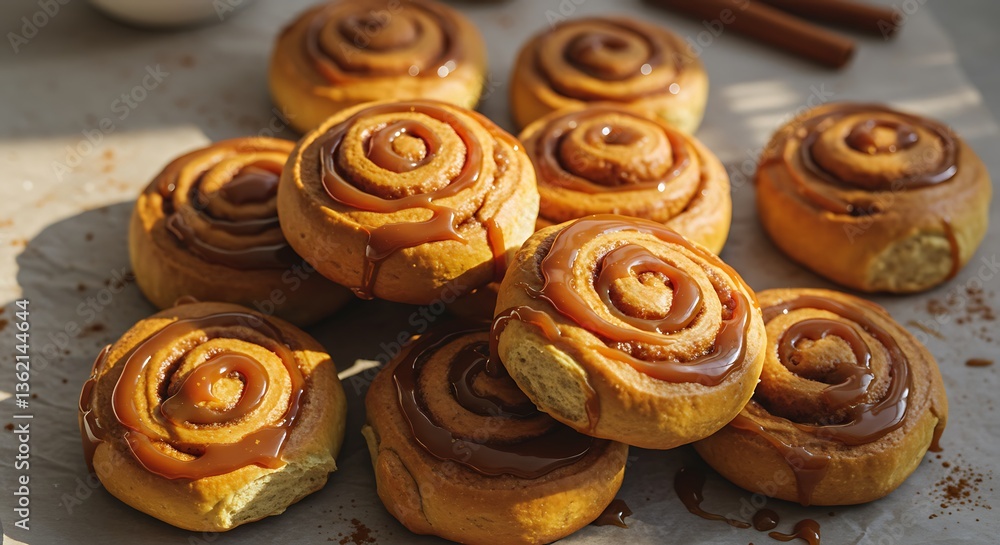 Fototapeta premium Freshly Baked Cinnamon Rolls with Caramel Drizzle on Parchment Paper