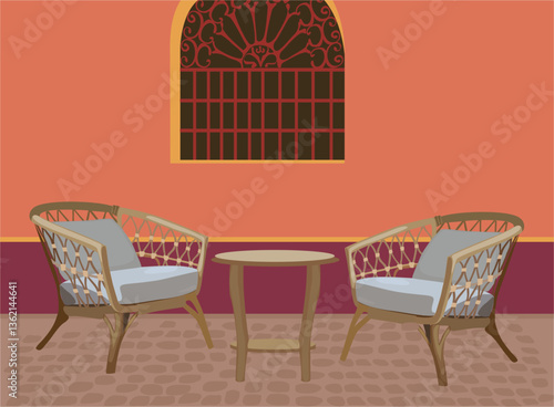 Summer outdoor cafe, coffeehouse or restaurant with rattan table and chairs standing on old street ancient Latin American city. Vector illustration in cartoon style. Colorful Horizontal background.