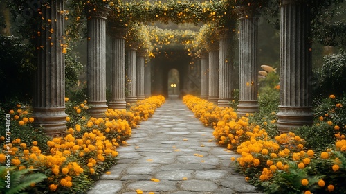 Magical garden path with stone columns and yellow flowers.