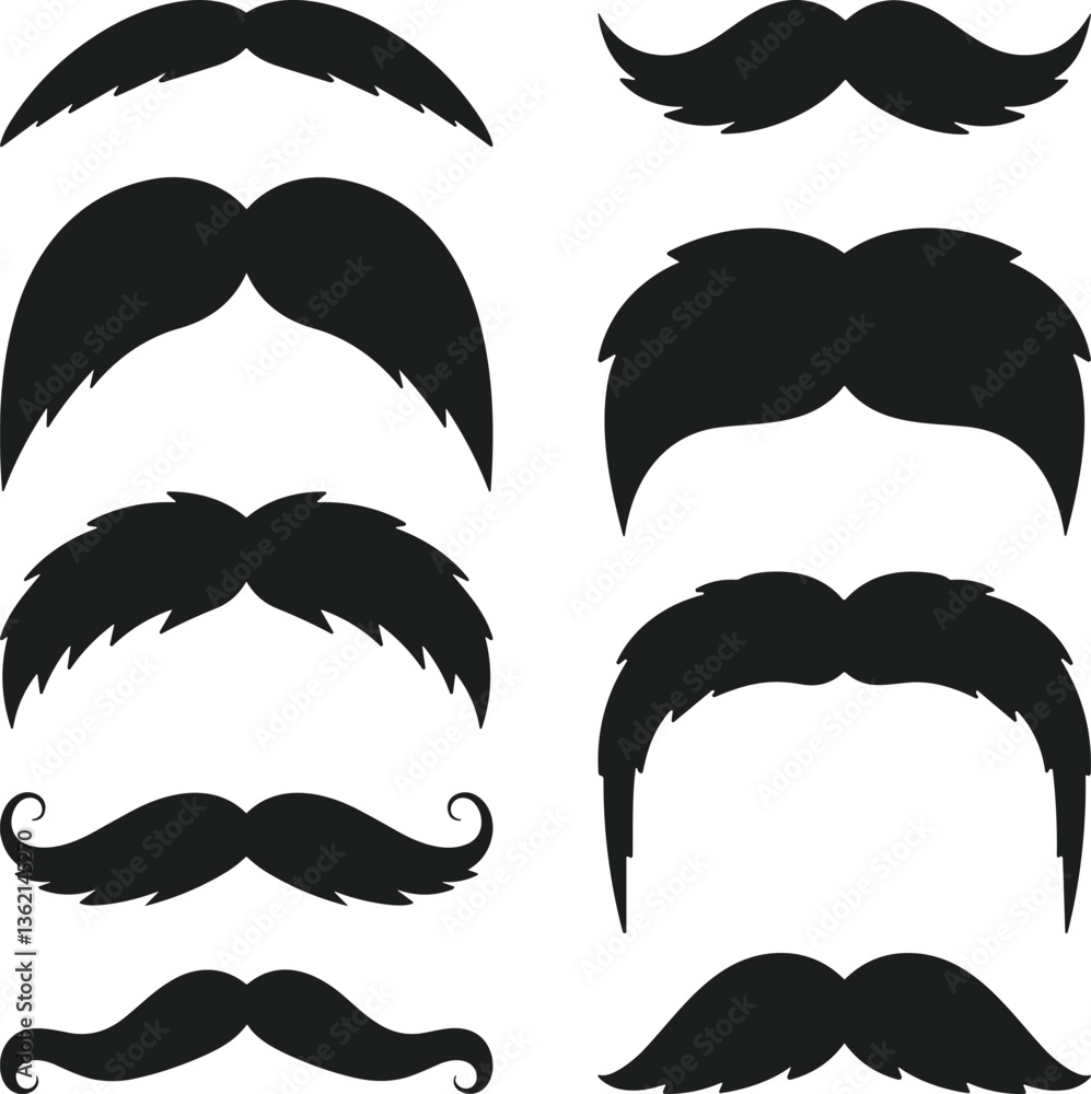 Naklejka premium Set of Mustache Silhouettes - Classic and Stylish Facial Hair Vector Collection