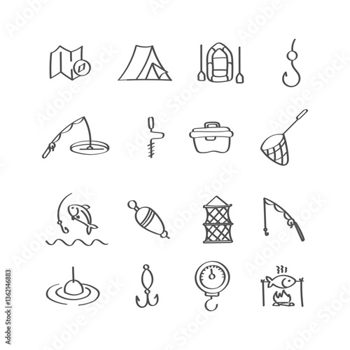 Fishing. Hand drawn icons set.