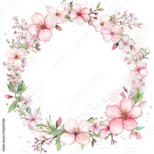 A dreamy cherry blossom wreath with artistic watercolor splashes, intertwining branches, and petals gently falling, evoking a poetic springtime mood.