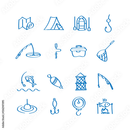 Fishing. Hand drawn icons set.