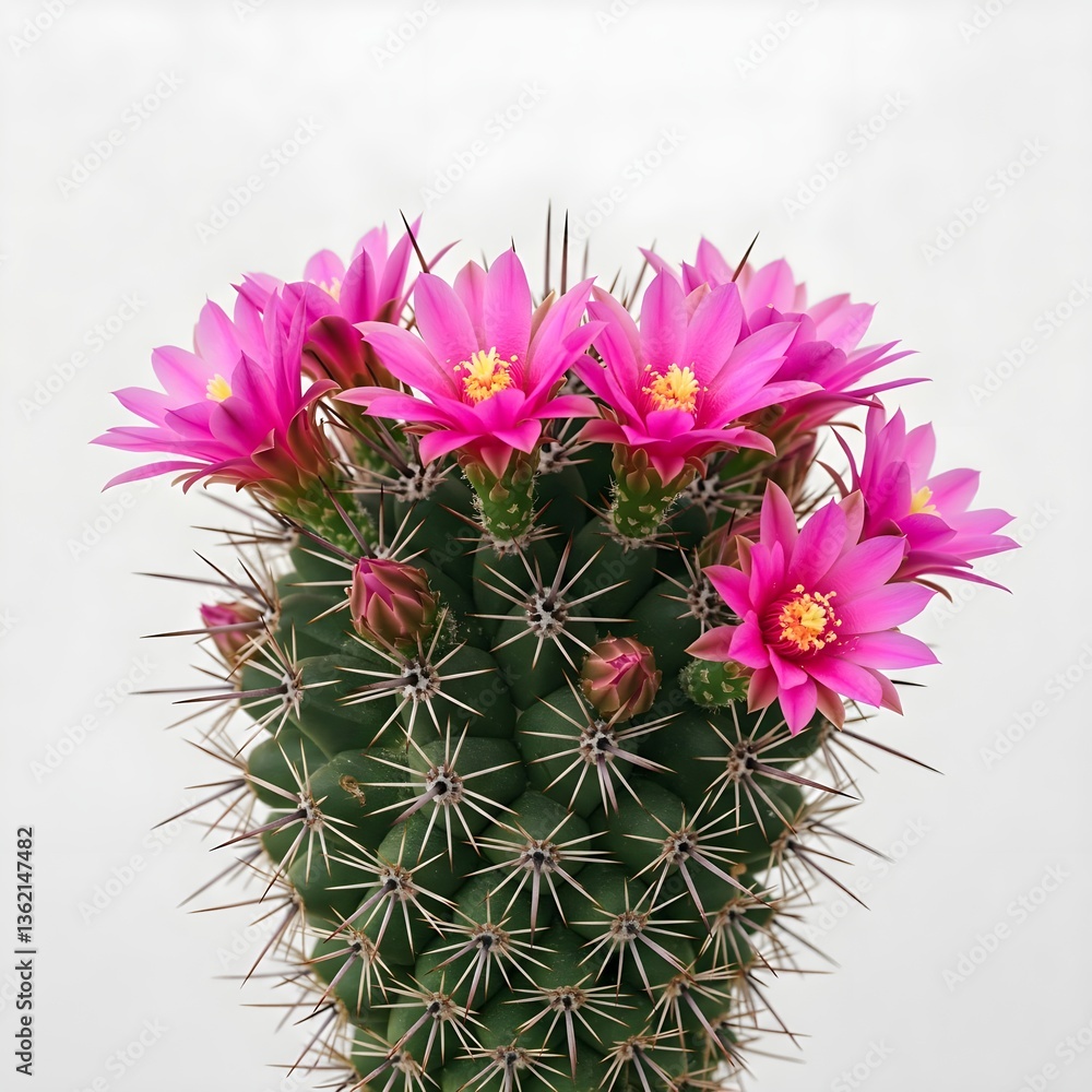 A close-up of a blooming cactus with vibrant pink flowers on a white background. A close-up of a blooming cactus with vibrant pink flowers on a white background.
