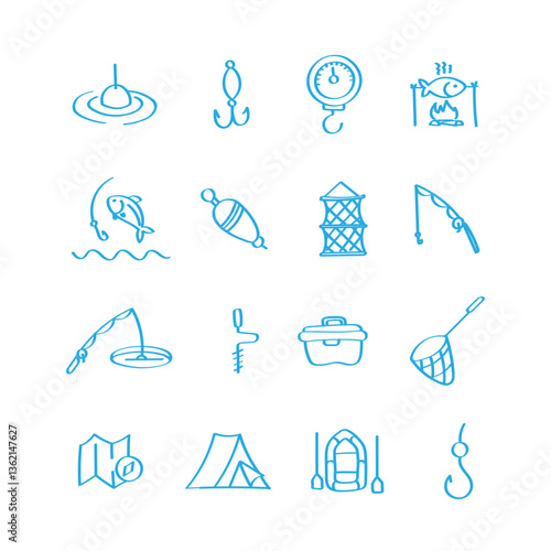 Fishing. Hand drawn icons set.