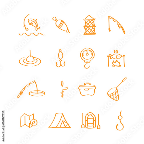 Fishing. Hand drawn icons set.