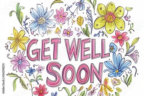 Get well soon greeting card with beautiful colorful flowers, AI Generated