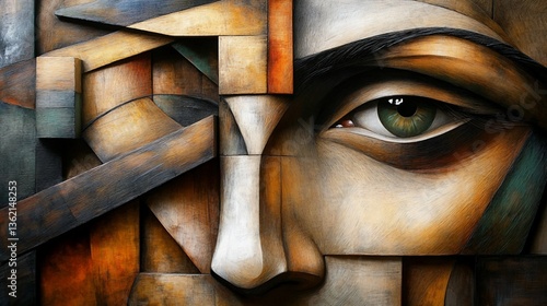 Abstracted portrait showcasing cubist elements and a vibrant, compelling eye
