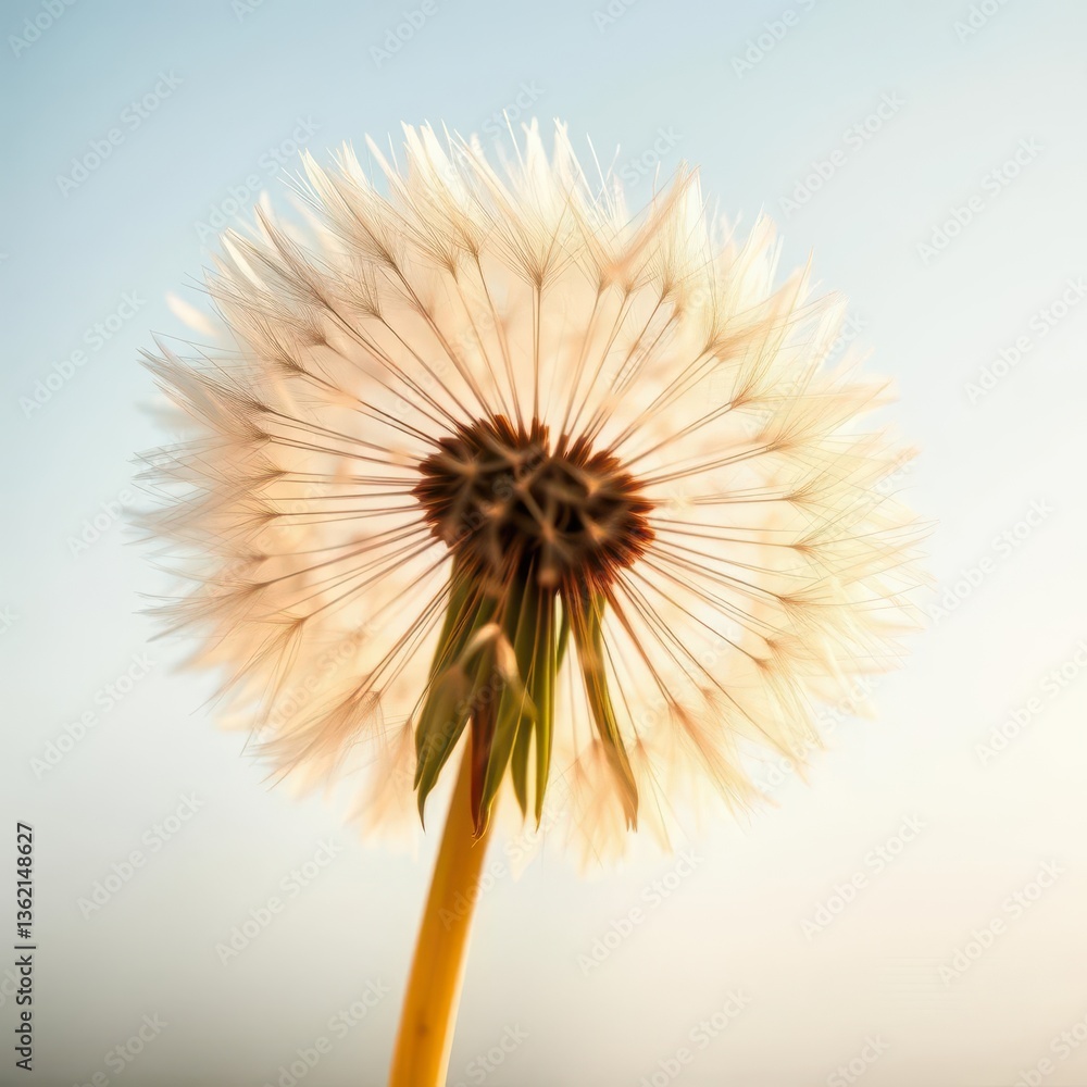 Fototapeta premium A fluffy dandelion seed head dispersing in a gentle breeze, scatter, freedom