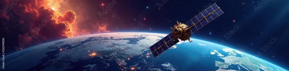 Naklejka premium Internet antenna on a space satellite above the stars and planets, satellite dish, internet