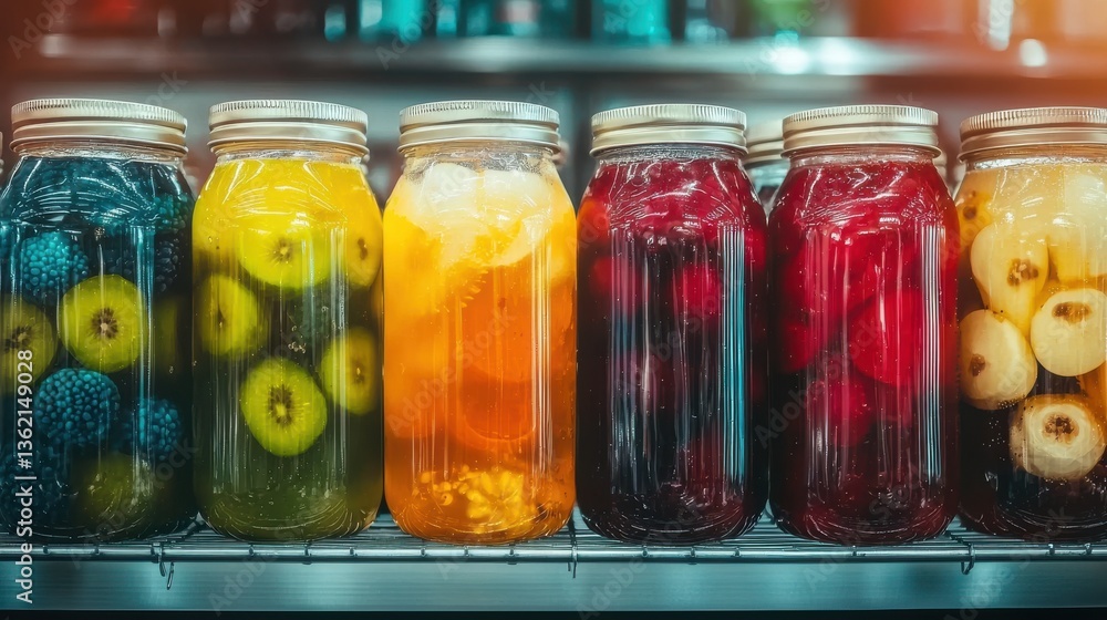 Vibrant collection of glass jars filled with homemade fruit preserves vegetable pickles and other canned goods displayed on a rustic wood shelving unit Healthy Vibrant collection of glass jars filled with homemade fruit preserves vegetable pickles and other canned goods displayed on a rustic wood shelving unit Healthy