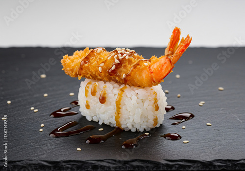 Crispy Shrimp Tempura Sushi on Black Plate with Sweet Sauce