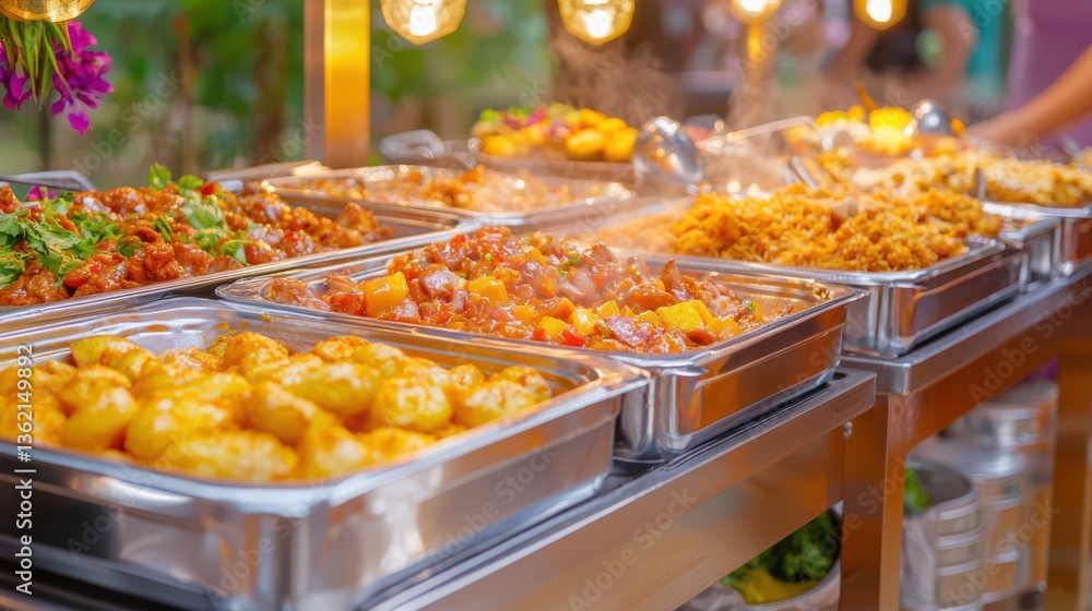Fototapeta premium Lavish buffet spread showcasing a wide variety of appetizing and gourmet dishes including hot and cold foods salads pasta rice meats seafood vegetables