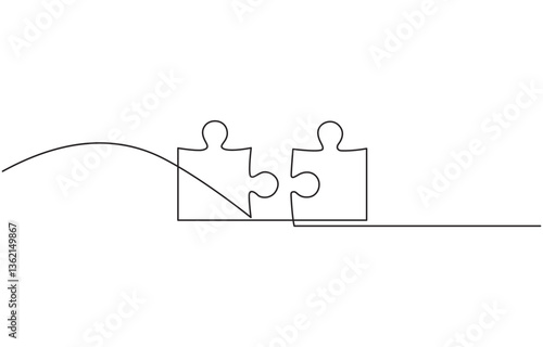Puzzle icon continuous one line drawing and puzzle game, Continuous single line drawing of puzzle pieces. Problem solving and solution business metaphor.