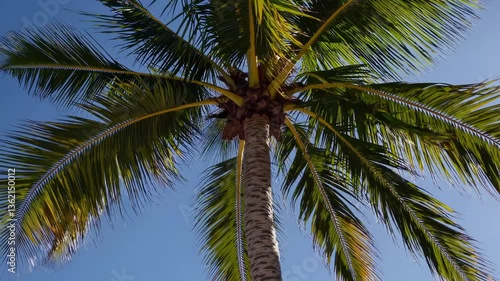 Wallpaper Mural A video showcasing a palm tree from a low-angle perspective, emphasizing the lush green fronds against a clear blue sky, creating a tropical vibe. Torontodigital.ca