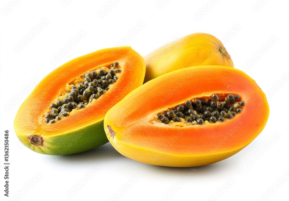 Sliced Papaya Fruit Showing Seeds on White Background for Healthy Eating Sliced Papaya Fruit Showing Seeds on White Background for Healthy Eating