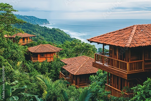 Lush Tropical Forest, Wooden Bungalows with Red Tile Roofs & Ocean View, Costa Rica