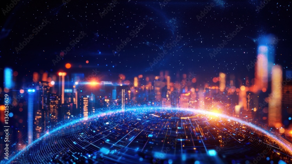 Obraz premium Illuminated cityscape merging abstract technological with digital globe, symbolizing global network connectivity and background advancement