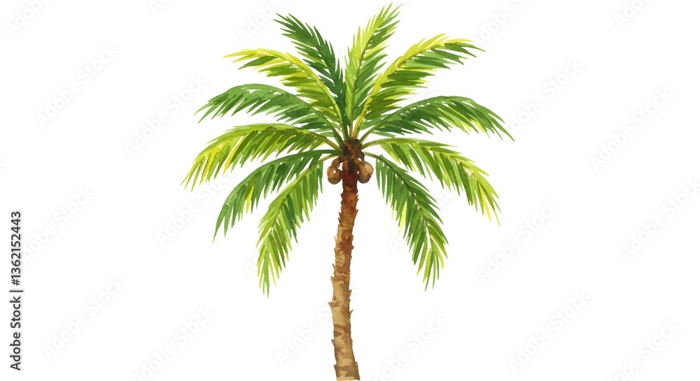Obraz premium A vibrant watercolor painting depicts a single, tall palm tree against a white background, showcasing its lush green fronds and brown trunk.