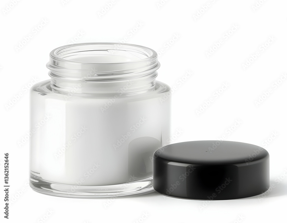 Isolated Glass Jar Containing White Cream Product with a Black Lid Isolated Glass Jar Containing White Cream Product with a Black Lid
