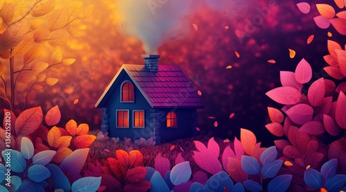 A cozy house with autumn leaves and smoke coming out of the chimney, surrounded by colorful foliage