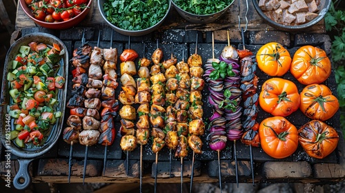 Variety of food grilled on wooden table top view