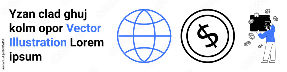 Globe wireframe, dollar coin icon, individual holding briefcase with flying coins. Ideal for finance, global business, economy, savings, investments, entrepreneurship modern commerce abstract line Globe wireframe, dollar coin icon, individual holding briefcase with flying coins. Ideal for finance, global business, economy, savings, investments, entrepreneurship modern commerce abstract line