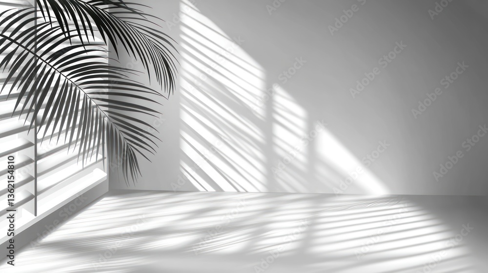 Naklejka premium Minimalist room with shadows and palm leaf