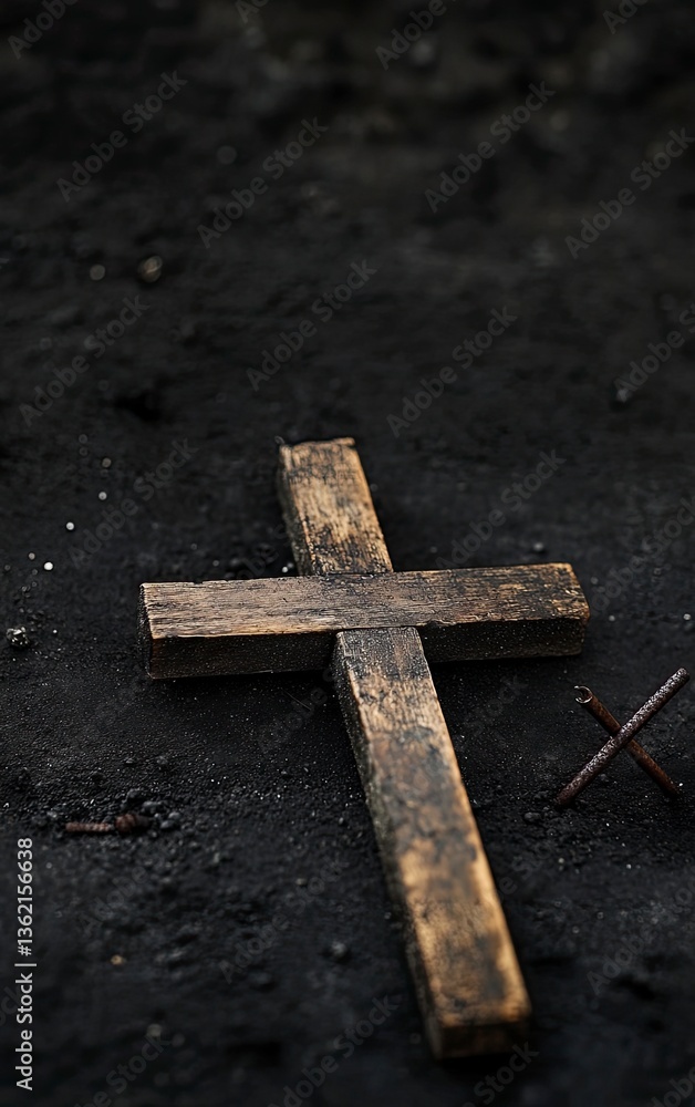 Wooden Cross Resting on Dark Ground Symbolizing Faith and Spirituality Wooden Cross Resting on Dark Ground Symbolizing Faith and Spirituality