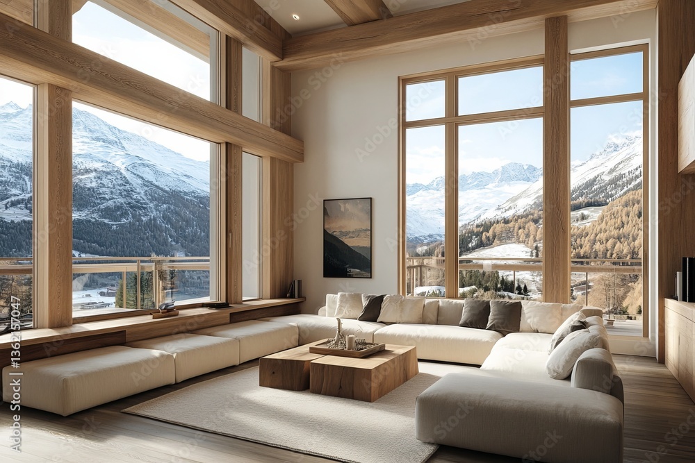 Fototapeta premium a modern living room interior with large windows showcasing snowy mountains
