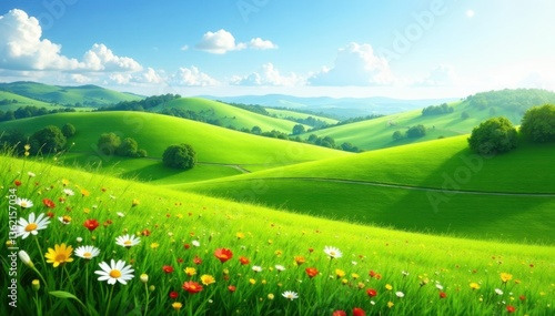 Rolling hills with lush green grass meadow and wildflowers, lush green, countryside