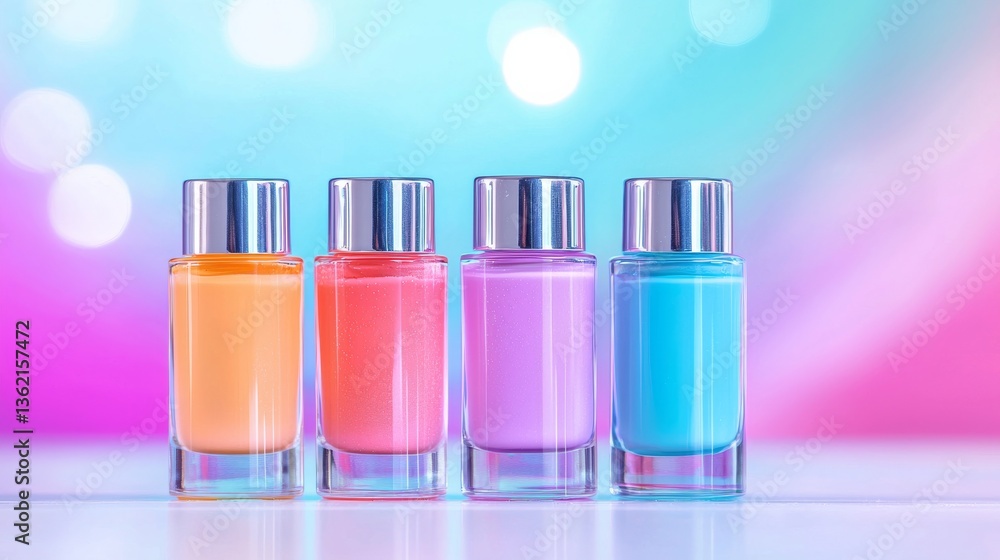Four Pastel Nail Polish Bottles on Bright Bokeh Background Four Pastel Nail Polish Bottles on Bright Bokeh Background