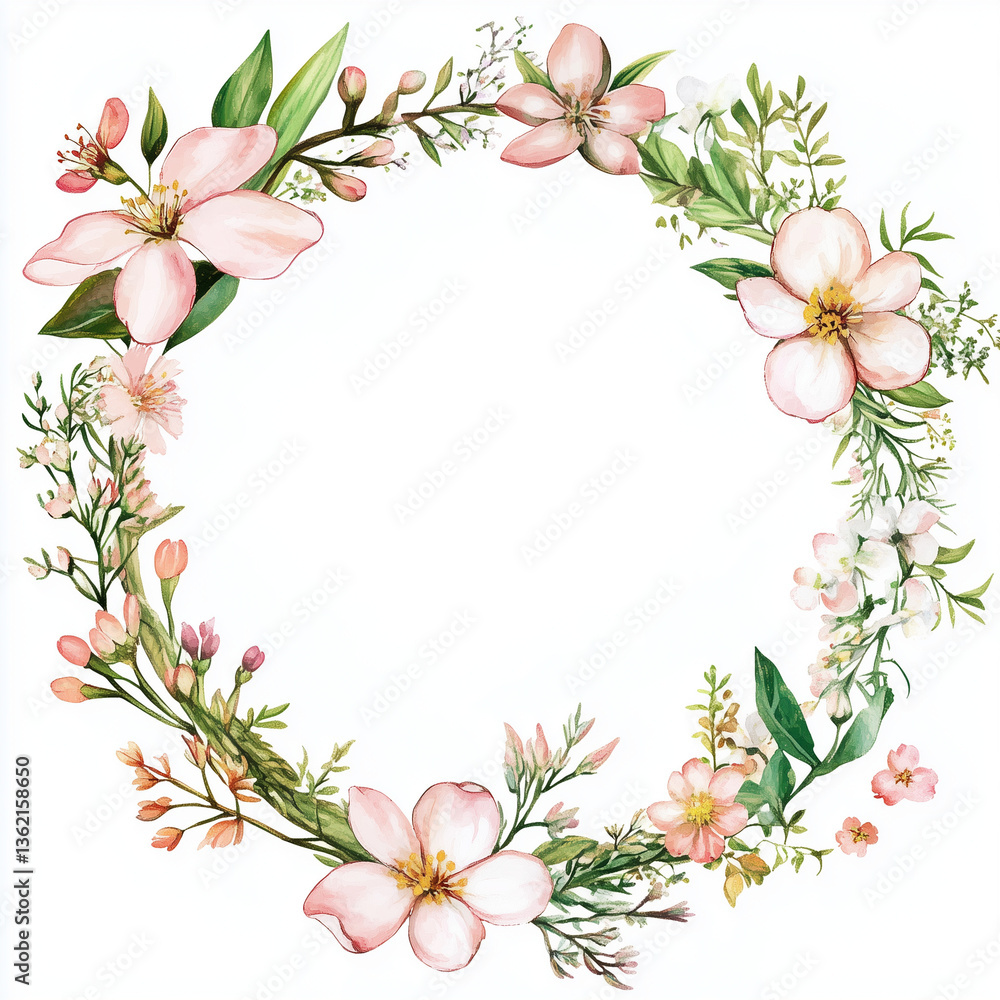 Fototapeta premium A delicate floral wreath of pink cherry blossoms, arranged in a soft watercolor style, forming an elegant circular frame with lush green leaves.