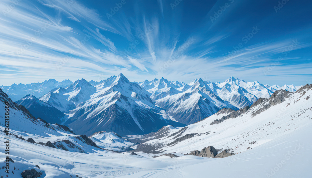 Obraz premium Majestic snow-capped mountain range, panoramic winter landscape, rugged alpine peaks