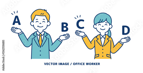どちらか比較して選ぶ、男女の会社員のシンプルなベクターイラスト素材＿線の編集可能