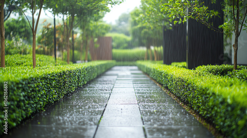 Serene pathway in lush green garden on a rainy day.