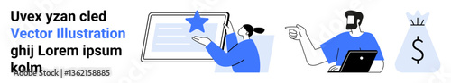 People reviewing feedback on a tablet, a man pointing with a laptop, and a moneybag symbol, portraying teamwork, analysis, and financial growth. Ideal for business solutions, team projects, financial