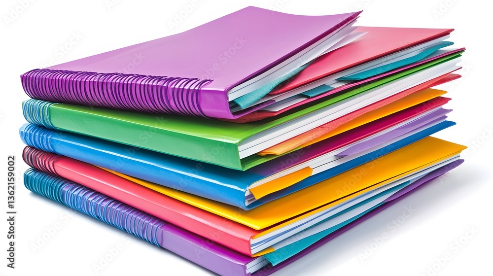 Colorful Stack of Spiral Notebooks and Papers Colorful Stack of Spiral Notebooks and Papers
