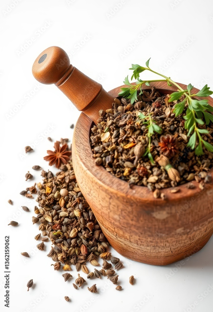 Rustic wooden mortar overflowing with dried herbs on pristine white background, white background, dried herbs Rustic wooden mortar overflowing with dried herbs on pristine white background, white background, dried herbs