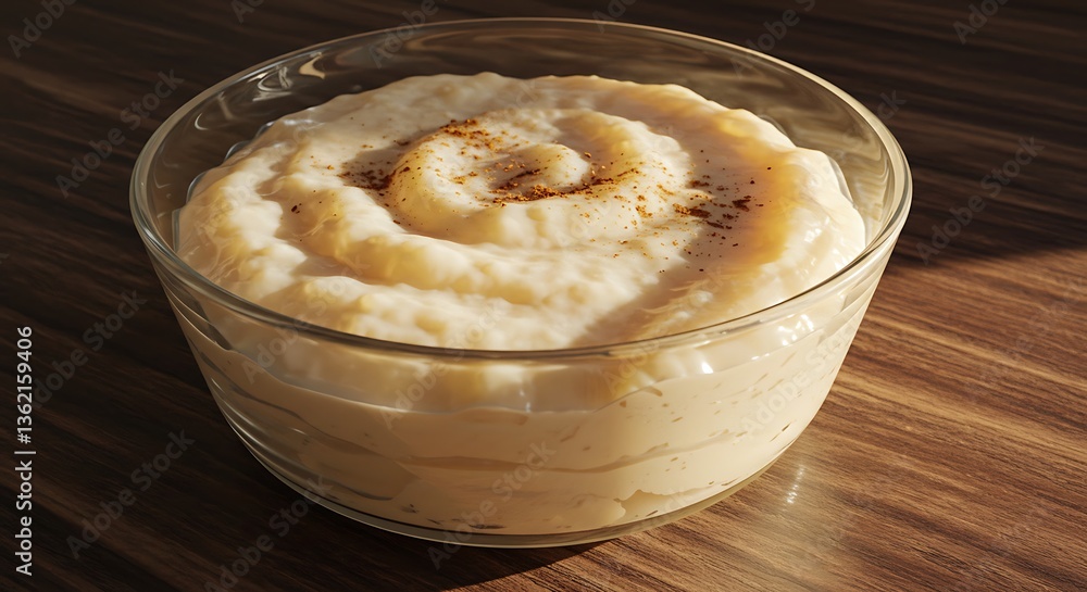 Bowl of Creamy Rice Pudding with Cinnamon on Wooden Table Bowl of Creamy Rice Pudding with Cinnamon on Wooden Table