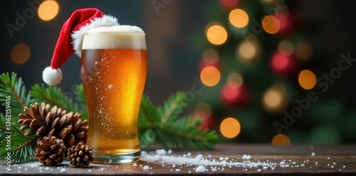 A festive Christmas beer in a Santa hat, surrounded by pine cones and a fir branch , christmas beer, beer, fir tree