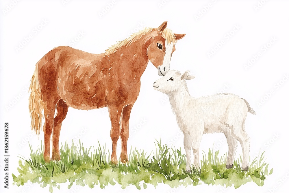 Fototapeta premium Watercolor Painting of a Chestnut Horse and a Kid Goat in a Meadow