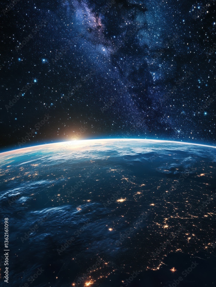 Obraz premium Earth's beautiful curve seen from space, starry backdrop, vast.