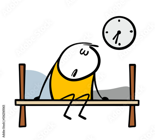 Man who has not slept has woken up early in the morning and is sitting on the bed with his eyes closed. Vector illustration of man tired, wants to sleep. Cartoon isolated stickman on white background.