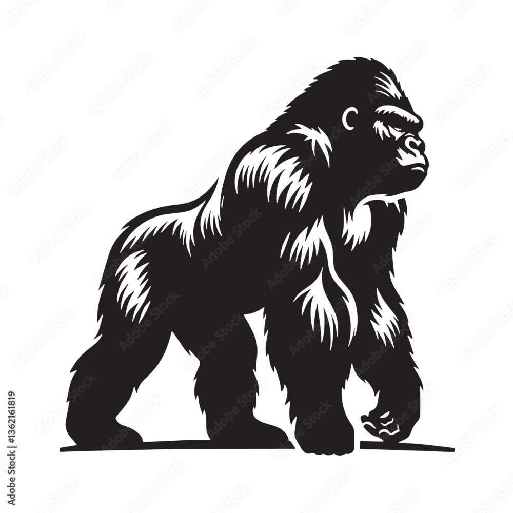 Fototapeta premium Black Color Gorilla Silhouette Vector Illustration, Solid White Background