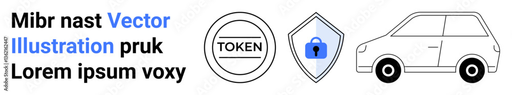 Circular token, shield with lock icon, minimal car outline representing data safety, security, and mobility. Ideal for blockchain, cybersecurity, digital payment, automotive mobility solutions Circular token, shield with lock icon, minimal car outline representing data safety, security, and mobility. Ideal for blockchain, cybersecurity, digital payment, automotive mobility solutions