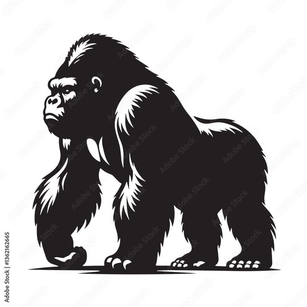 Obraz premium Black Color Gorilla Silhouette Vector Illustration, Solid White Background