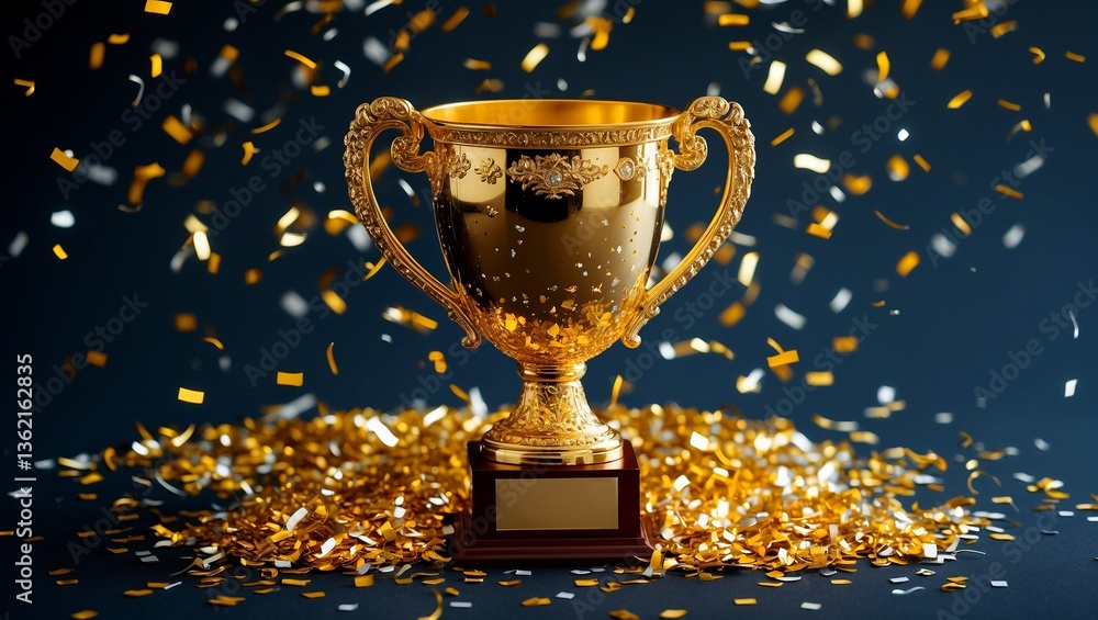 Golden trophy surrounded by sparkling confetti Golden trophy surrounded by sparkling confetti